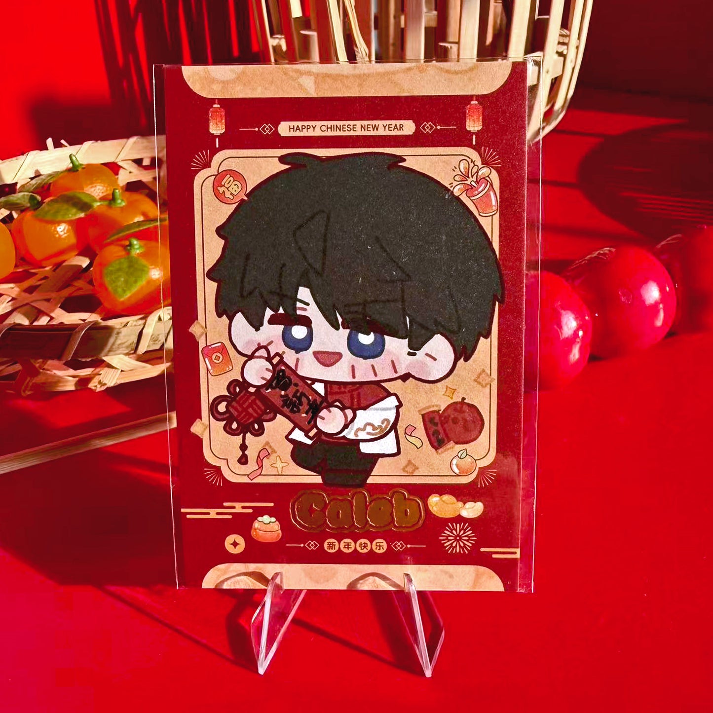 Caleb from Love and Deepspace chibi New Year art print card with gold stamping, 4-inch.