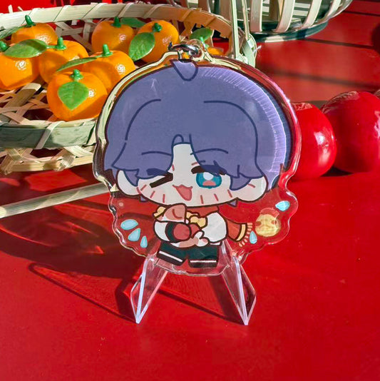 Rafayel Love and Deepspace New Year 7cm keychain with gold glitter epoxy finish.