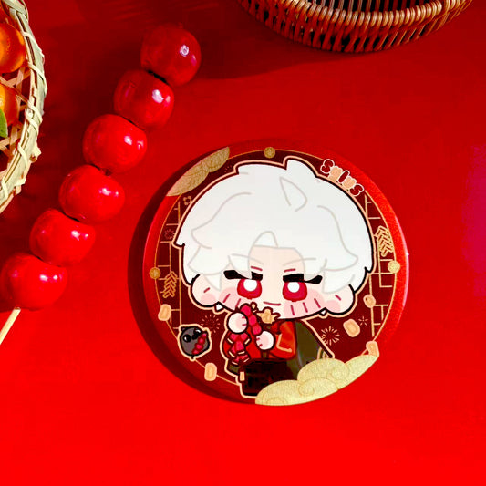 Sylus from Love and Deepspace holding firecrackers in a chibi New Year outfit, 58mm badge.
