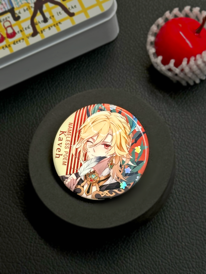 Close-up of Kaveh "Nameless Poem" round badge with glossy finish and floral design, Genshin Impact aesthetic pinback button.