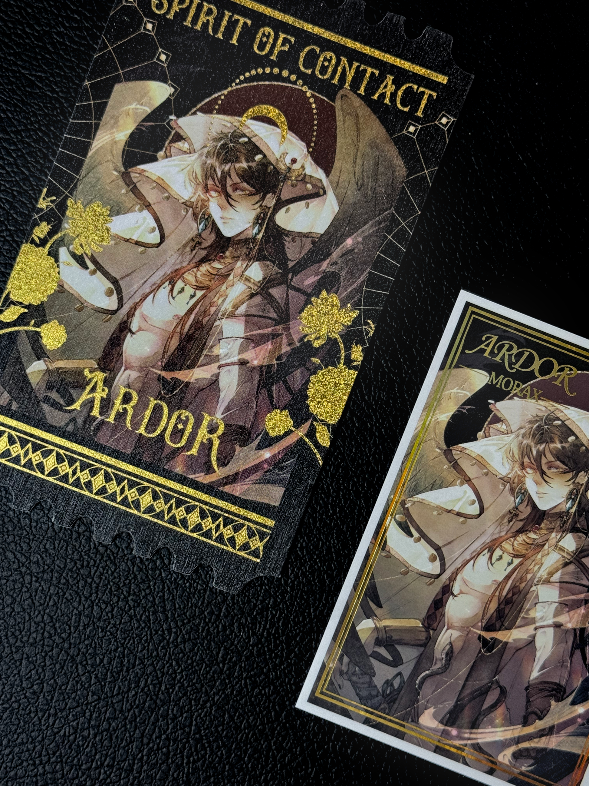 Zhongli Genshin Impact flaming ticket set with gold foil accents and brushed silver glitter finish, serrated edges, aesthetic art print by AO Treehouse.