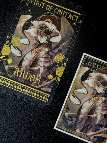 Zhongli Genshin Impact flaming ticket set with gold foil accents and brushed silver glitter finish, serrated edges, aesthetic art print by AO Treehouse.