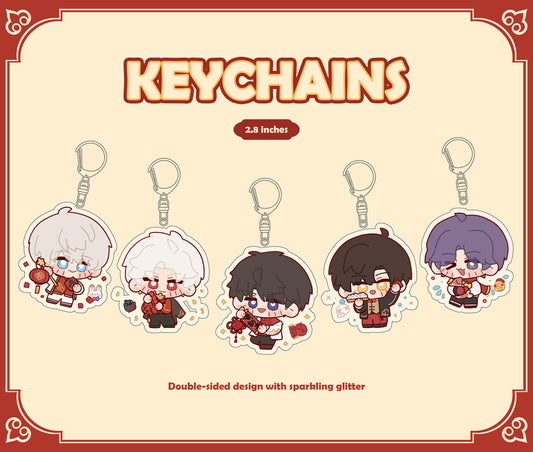 Love and Deepspace "New Year" 7cm Gold Glitter Epoxy Acrylic Keychain | Xavier, Zayne, Rafayel, Sylus, Caleb
