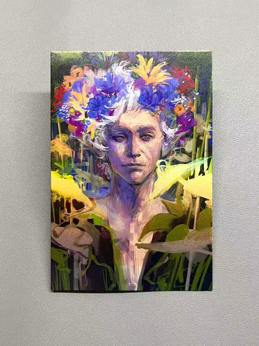 Astarion "Midsummer Reverse" selective silver foil card featuring floral motifs and gleaming eye details, Baldur's Gate 3 fan art print.