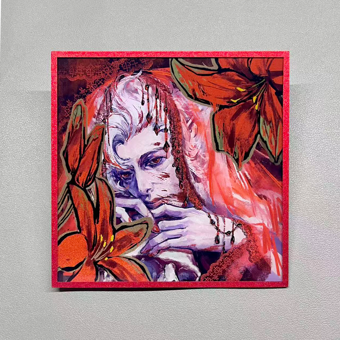 Astarion "Scarlet Veil" acrylic shikishi with red glitter border and blood-red illustration, Baldur's Gate 3 gothic fan art collectible.