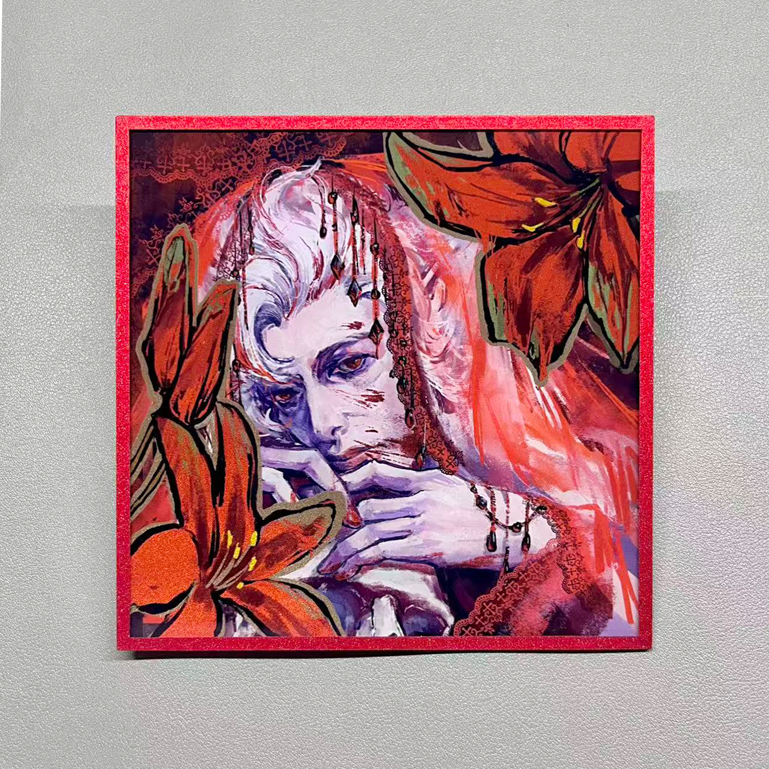 Astarion "Scarlet Veil" acrylic shikishi with red glitter border and blood-red illustration, Baldur's Gate 3 gothic fan art collectible.