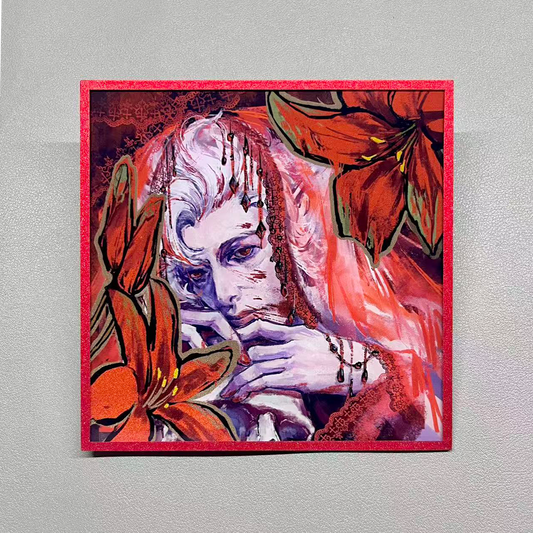 Astarion "Scarlet Veil" acrylic shikishi with red glitter border and blood-red illustration, Baldur's Gate 3 gothic fan art collectible.