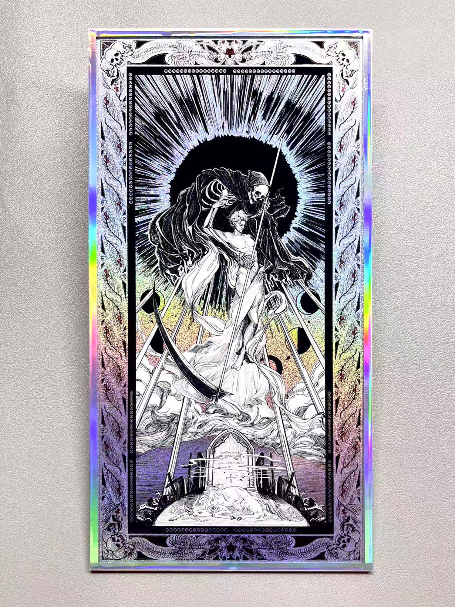 Astarion "Death's Dance" holographic shikishi art board from Baldur's Gate 3, featuring a smooth silver foil border frame.