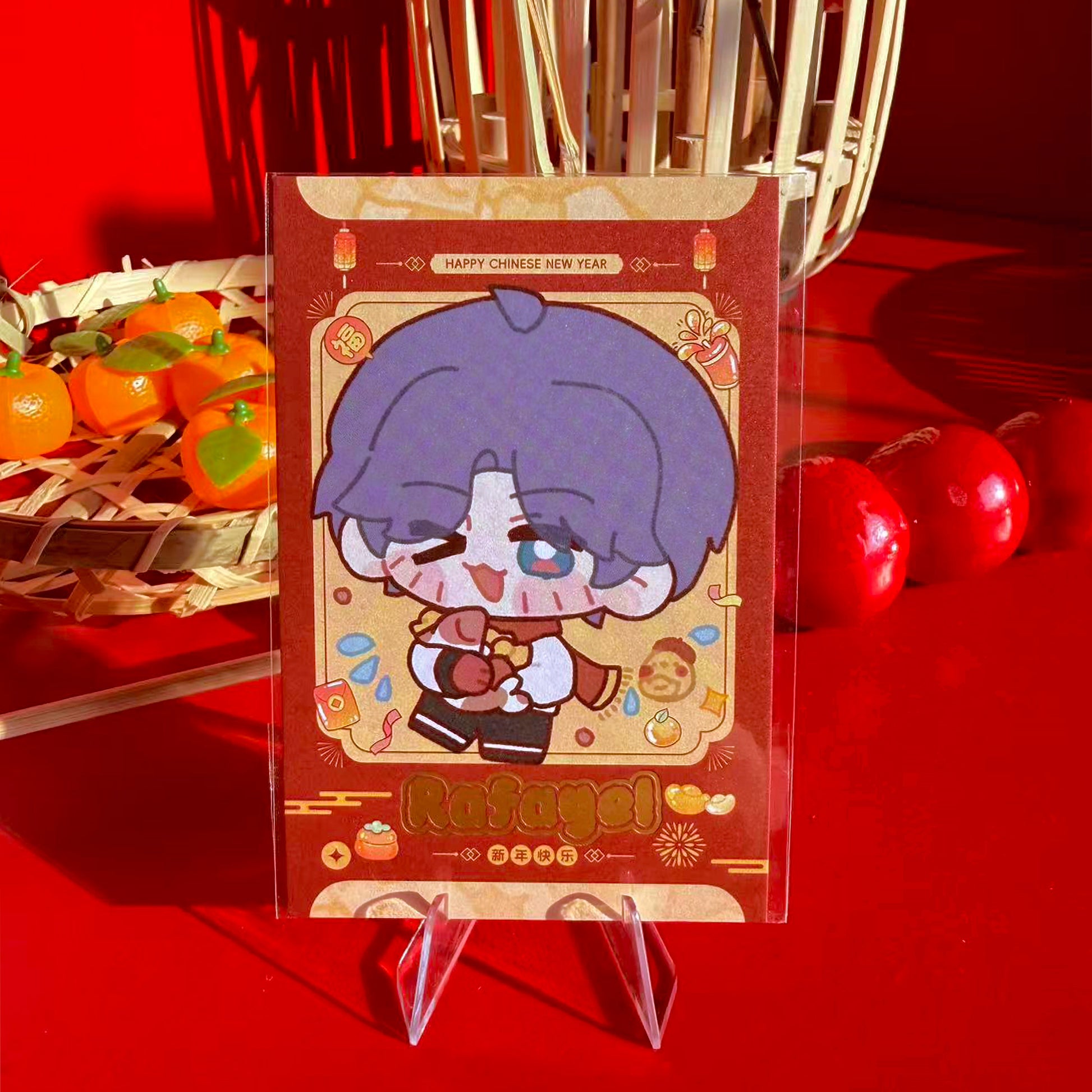 Rafayel from Love and Deepspace chibi New Year art print card with gold stamping, 4-inch.