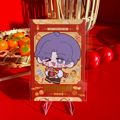 Rafayel from Love and Deepspace chibi New Year art print card with gold stamping, 4-inch.