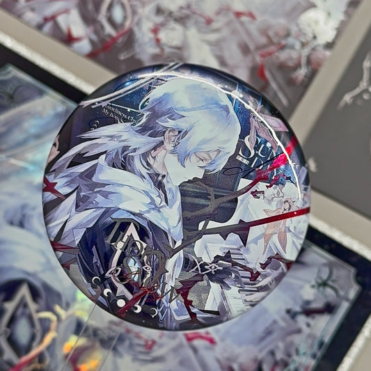 Large 75mm Sunday "Thorn Snow" round badge featuring double-holographic sparkle effect and glitter base against dark background, Honkai: Star Rail fan art.