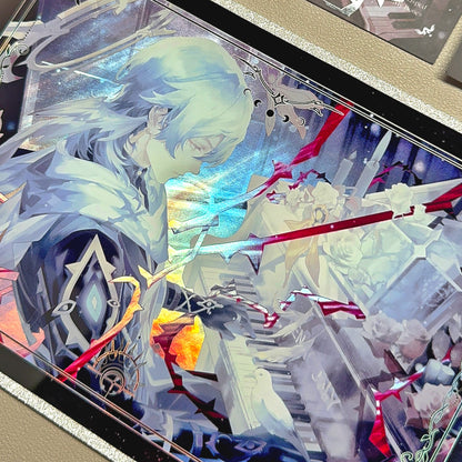 Angled view of Sunday acrylic shikishi showing the rainbow Beca-light reflective effect and sparkling silver glitter frame under light.