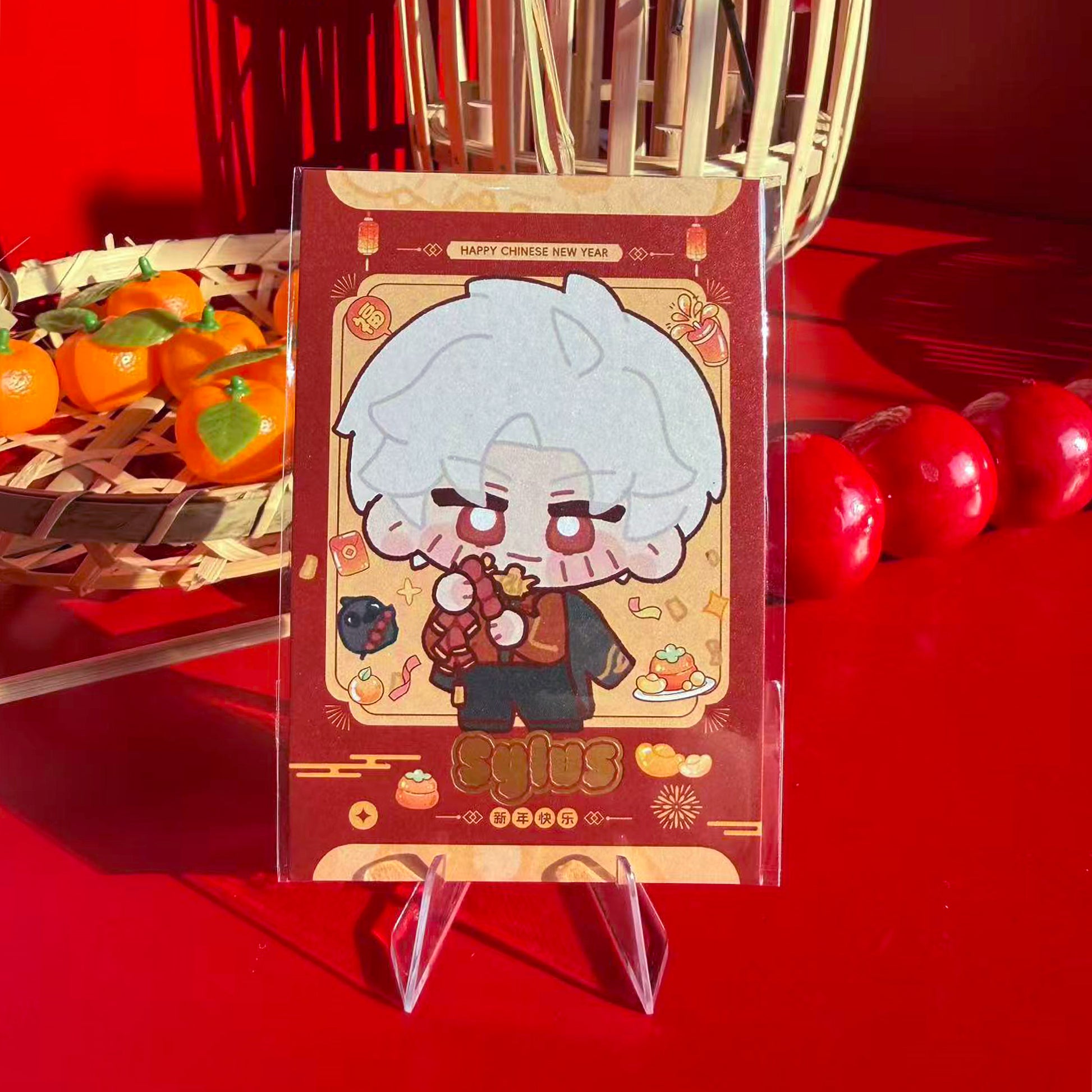 Sylus from Love and Deepspace chibi New Year art print card with gold stamping, 4-inch.