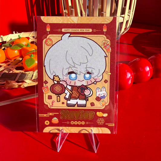 Xavier from Love and Deepspace chibi New Year art print card with gold stamping, 4-inch.