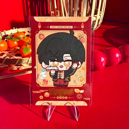 Zayne from Love and Deepspace chibi New Year art print card with gold stamping, 4-inch.