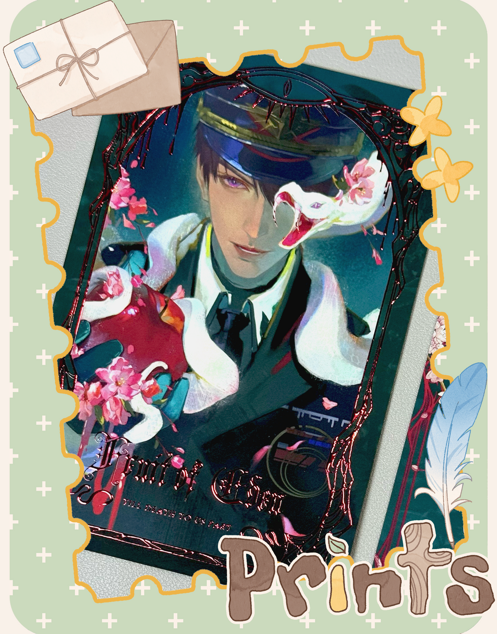 Display image of Caleb Forbidden Apple embossed foil postcard with gothic artwork and decorative frame by AO Treehouse.