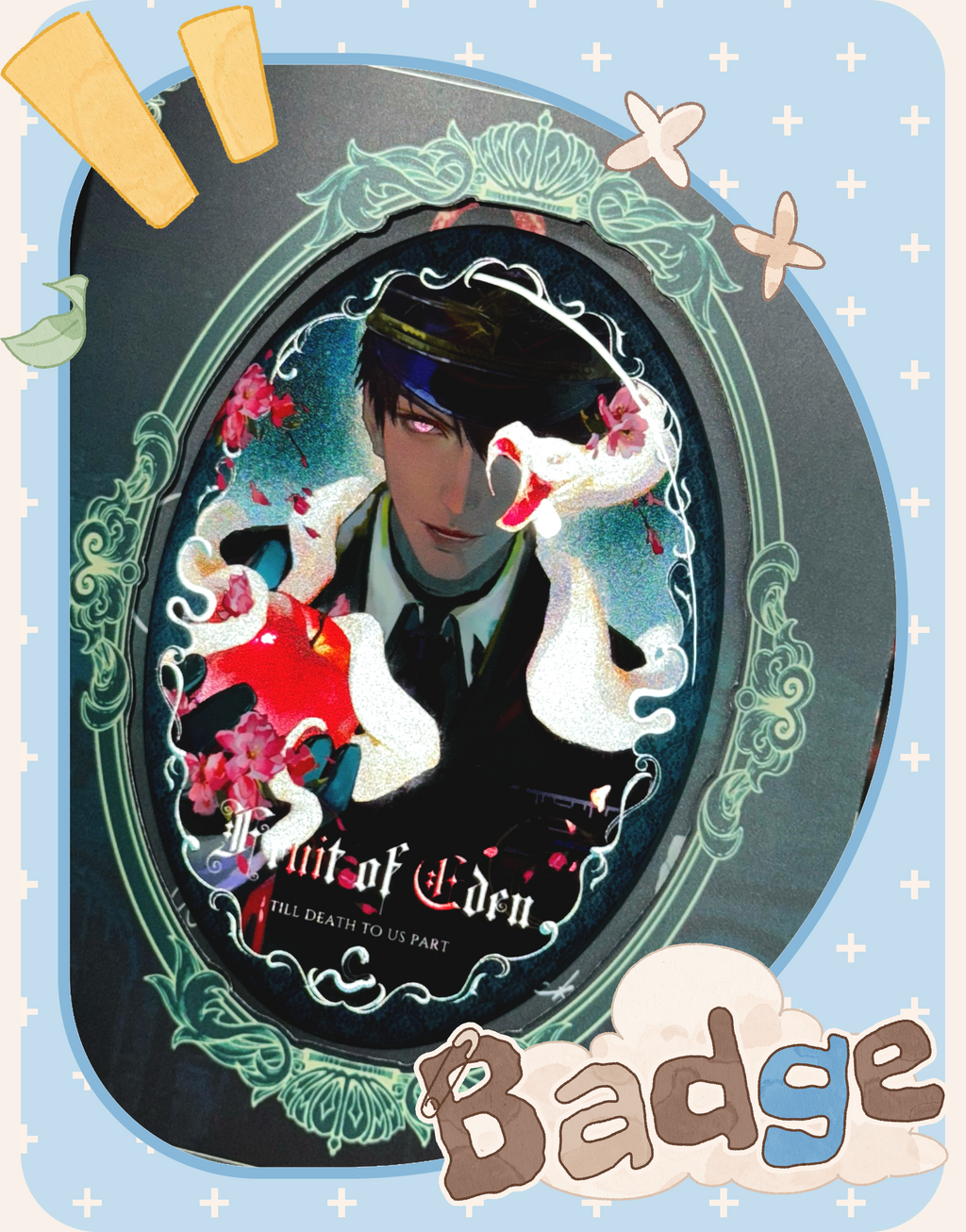 Display image of Caleb Forbidden Apple oval button badge with gothic artwork and decorative frame by AO Treehouse.