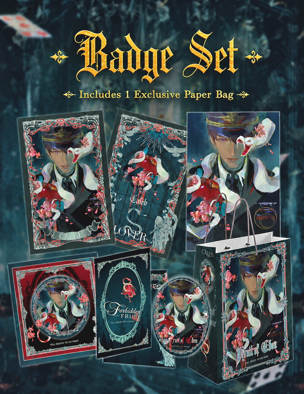 Display image of Caleb Forbidden Apple cupsleeve pickup badge set with exclusive paper bag by AO Treehouse.
