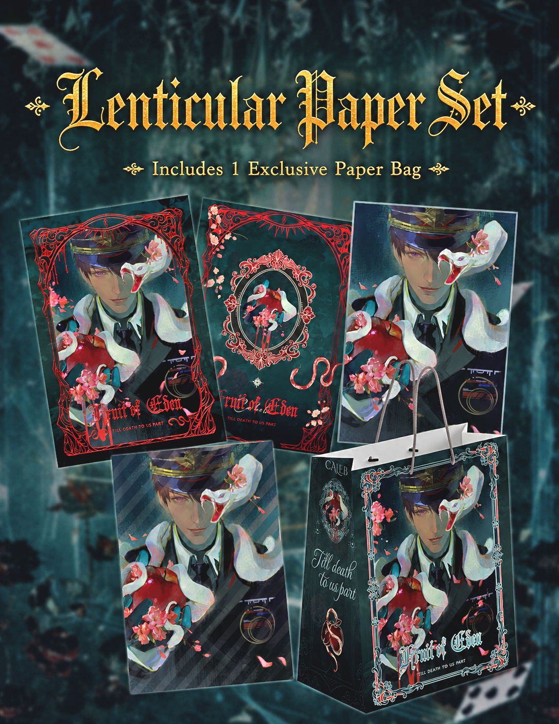 Display image of Caleb Forbidden Apple cupsleeve pickup lenticular paper set with exclusive paper bag by AO Treehouse.