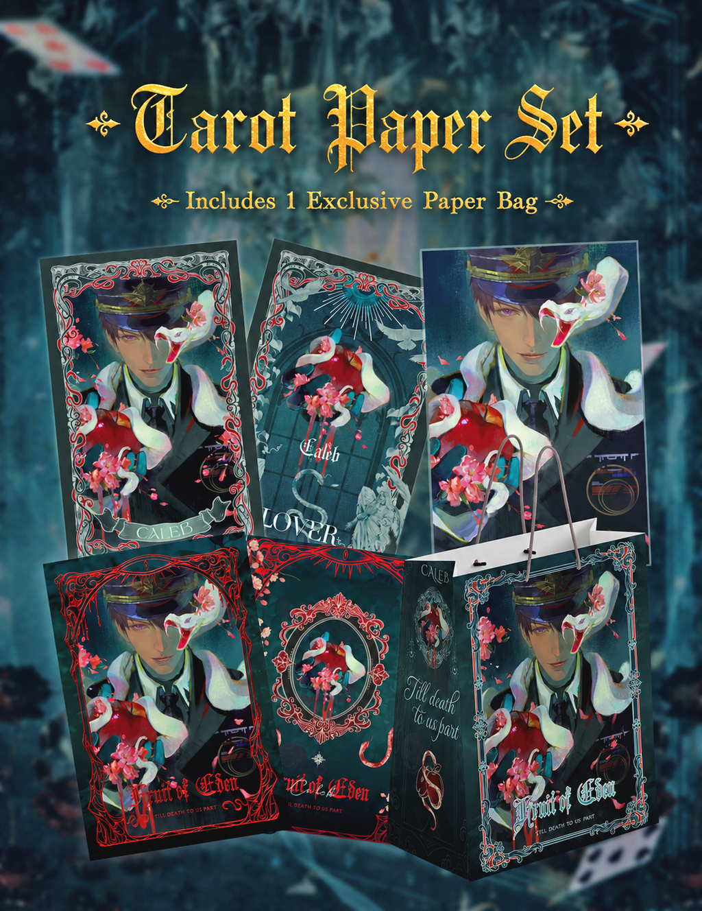 Display image of Caleb Forbidden Apple cupsleeve pickup tarot paper set with exclusive paper bag by AO Treehouse.