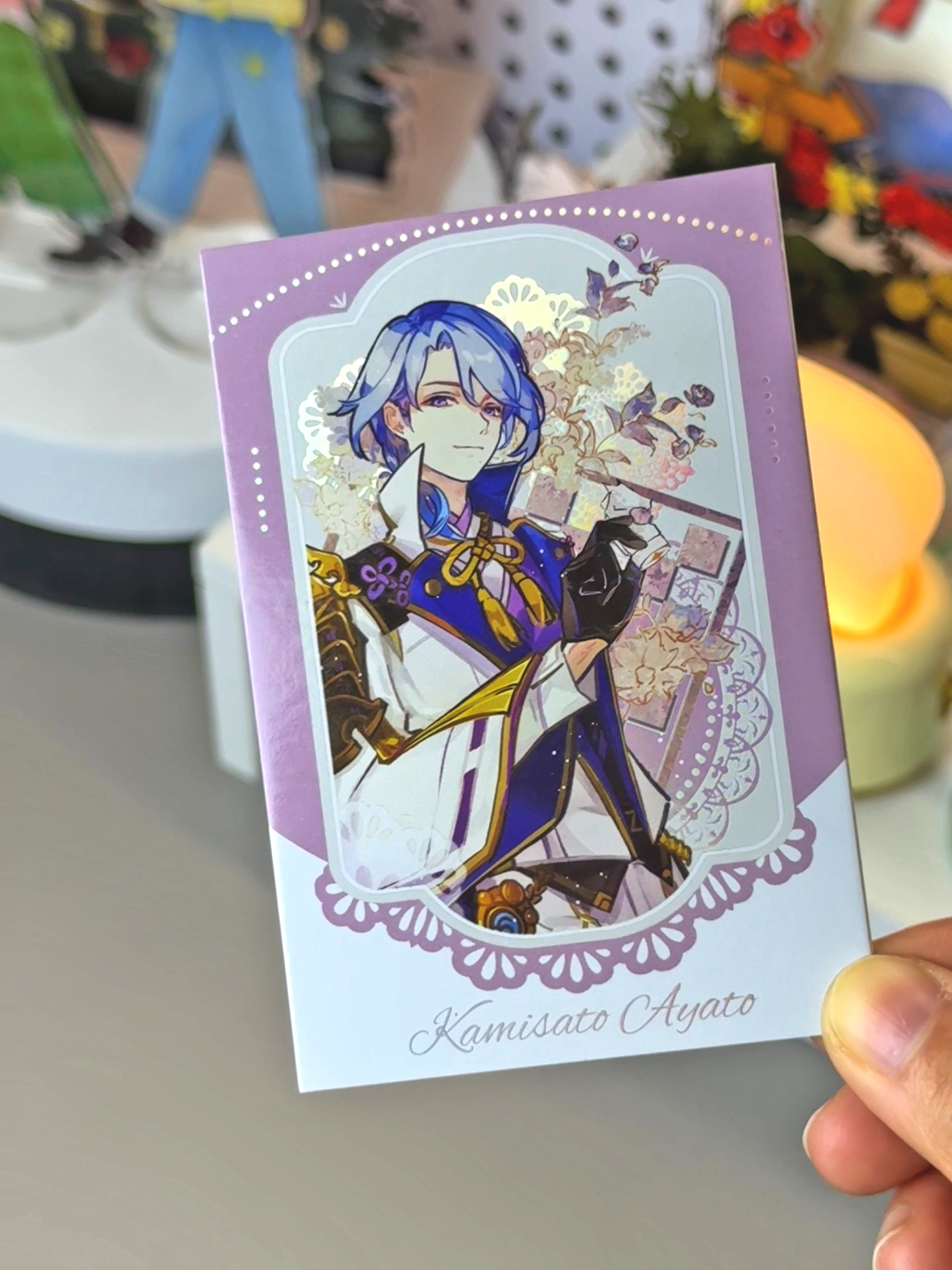 Front view of Kamisato Ayato lace holographic photocard fan merchandise by AO Treehouse.