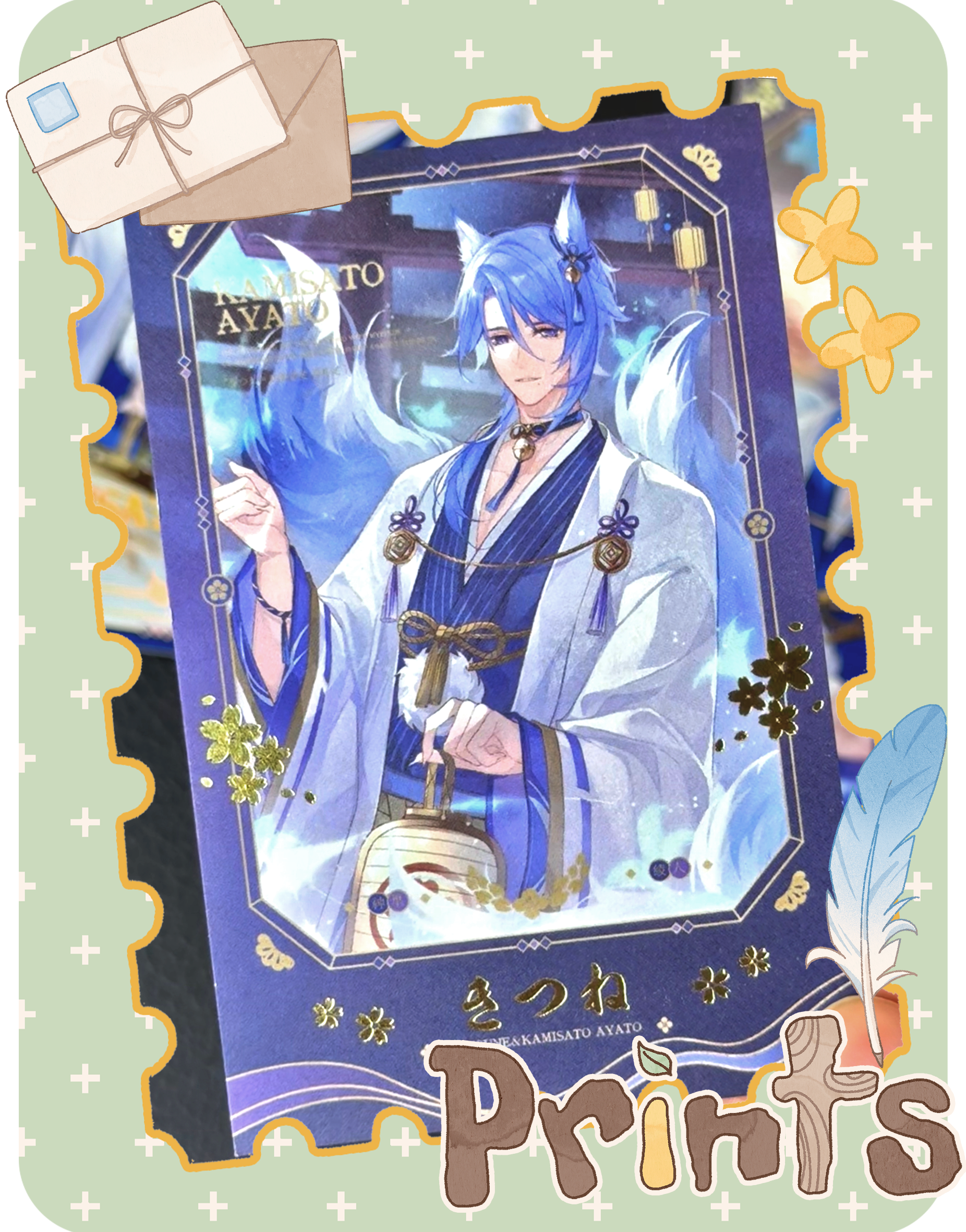 Display image of Kamisato Ayato kimono photocard fan merchandise by AO Treehouse.