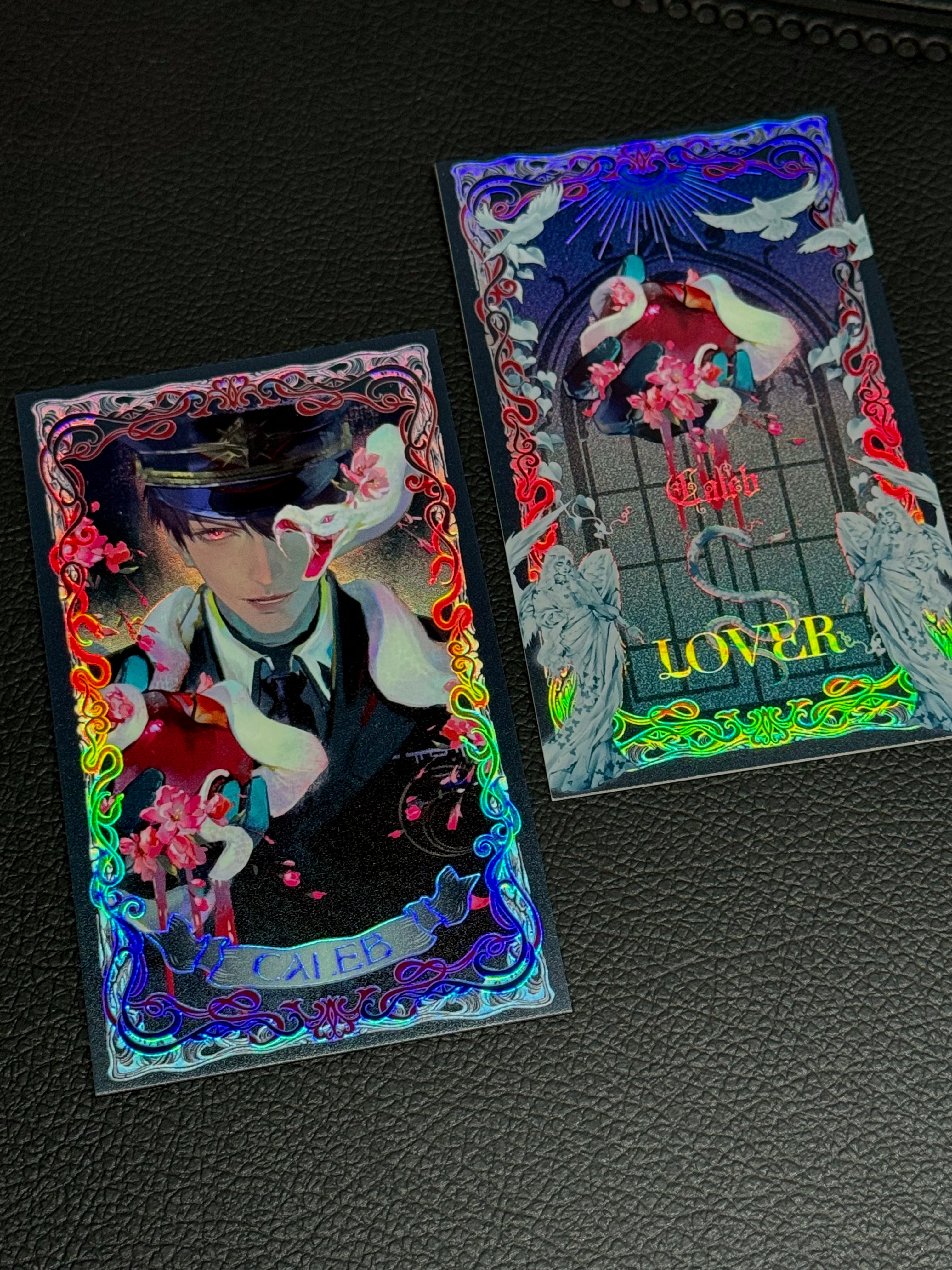 Detail view of Caleb Forbidden Apple tarot card set with holographic gothic artwork by AO Treehouse.