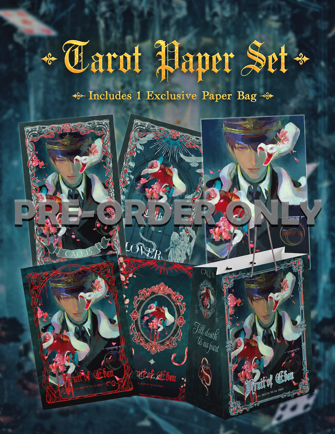 Display image of Caleb Forbidden Apple pre-order tarot paper set with exclusive paper bag by AO Treehouse.