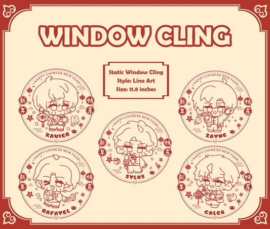 Love and Deepspace "New Year" 11.8" Static Window Cling | Full Color & Line Art Styles | Xavier, Zayne, Rafayel, Sylus, Caleb